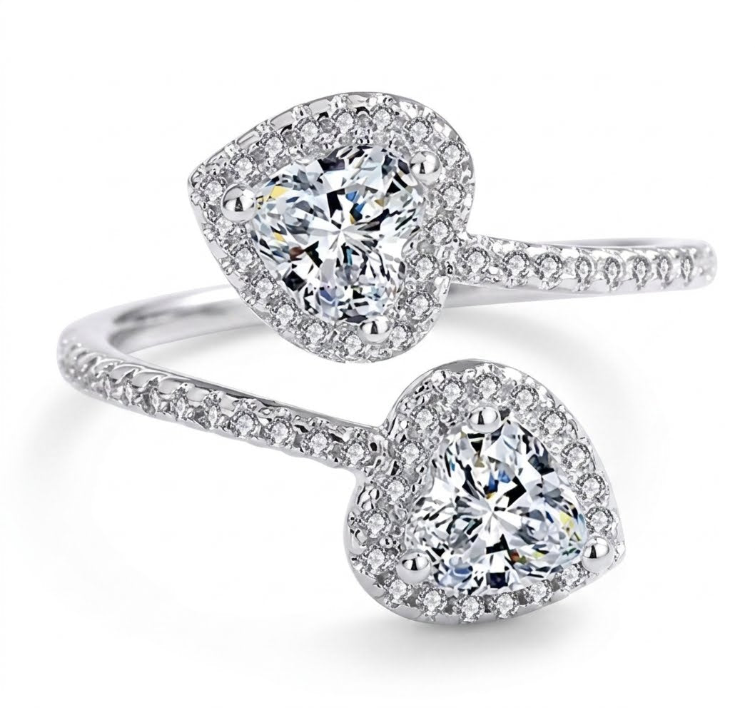 18K White Gold Plated Double Heart Princess Ring