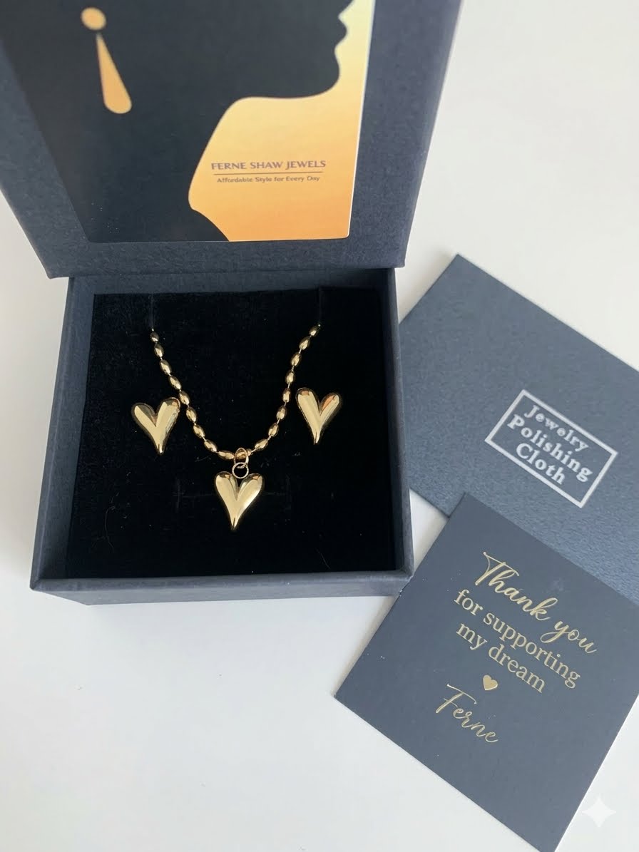 The Golden Amara Puff Heart Necklace and Earring Set