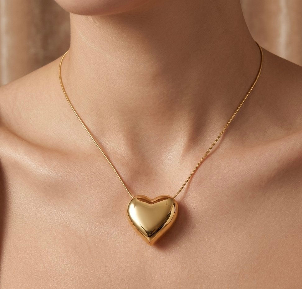 Beautiful 18k Gold Plated Love in 3-D Puff Heart Necklace